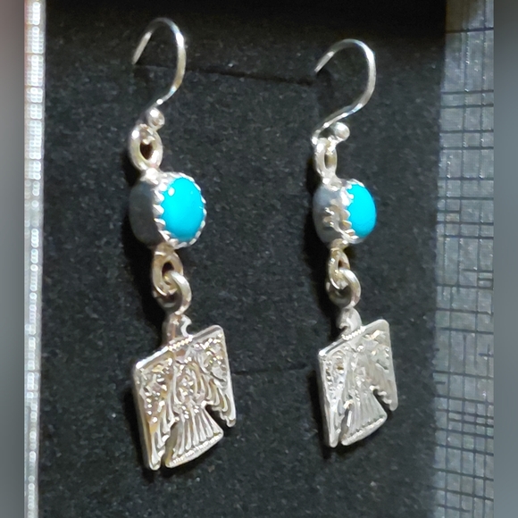 Silver and Turquoise Eagle Dangle Earrings - Picture 4 of 8